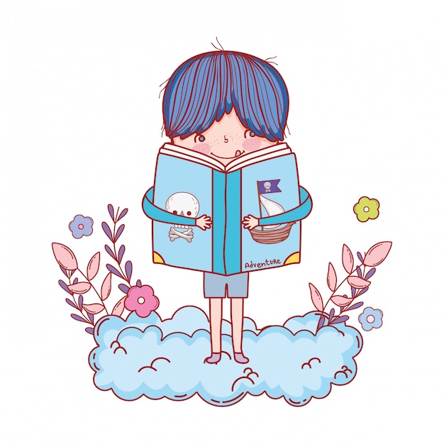 Vector libros de lectura felices del niño pequeño con las nubes