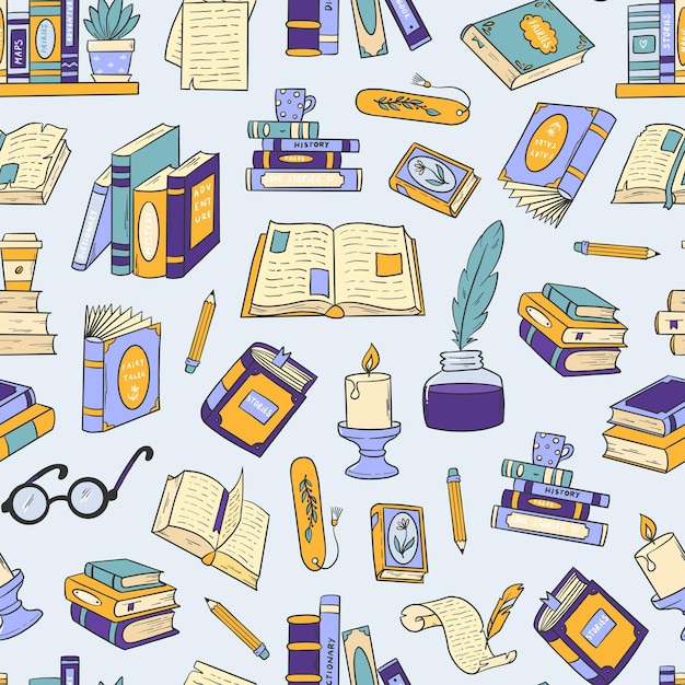 Libros de lectura con patrones sin costuras con garabates para la biblioteca de patrones escolares