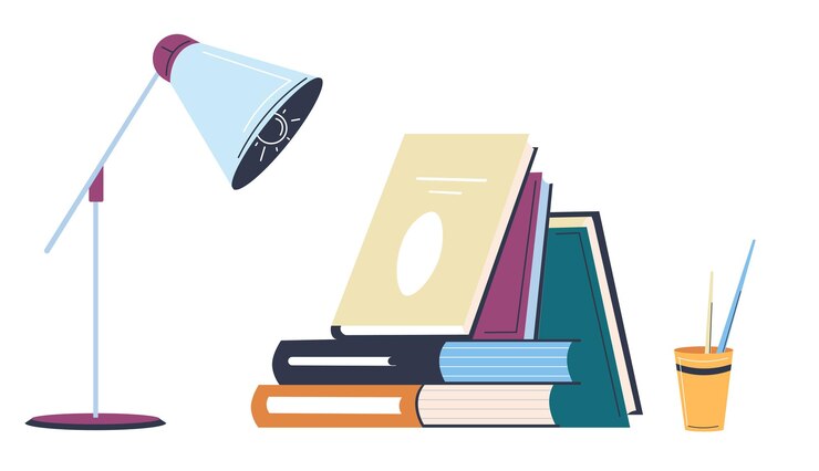 Vector libros y libros de texto con lámpara moderna, lápices y bolígrafos en tazas. material de oficina o escolar, publicaciones para estudiantes y niños. estudiar y aprender, desarrollo de habilidades, vector en estilo plano.