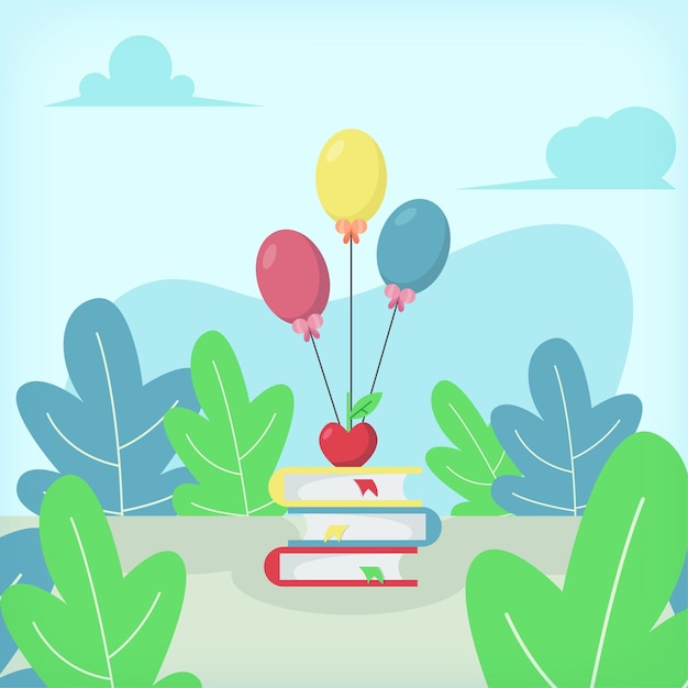 Libros con una manzana y globos Concepto de diseño de ilustración plana