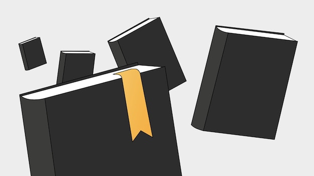 Libros negros con ilustración flotante de marcador amarillo