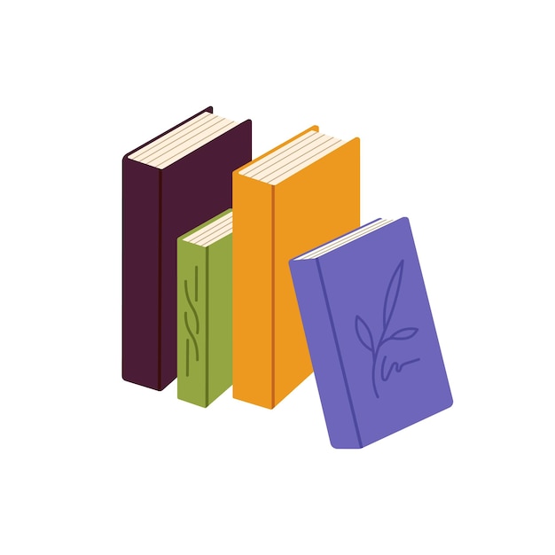 Libros de papel en cubiertas Libros de texto Biblioteca escolar Literatura y diccionarios de pie en fila Enciclopedias abstractas Vocabularios para leer Ilustración vectorial plana aislada en fondo blanco