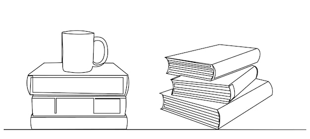 Libros con taza un dibujo de línea continua sobre vector de fondo blanco