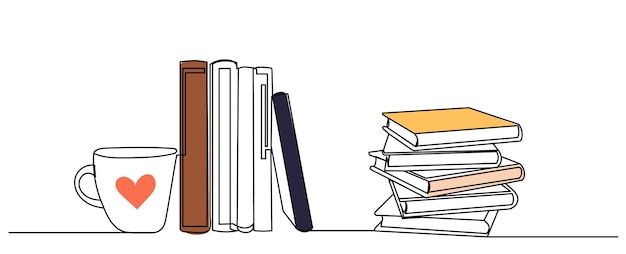 Libros con taza dibujo línea dibujo doodle vector aislado
