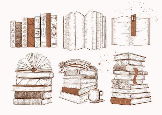 Libros vintage conjunto de iconos, dibujo dibujado, colección. Pilas de libros, revistas.