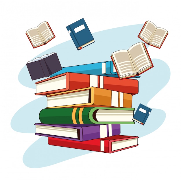 Libros voladores y caricaturas apiladas.
