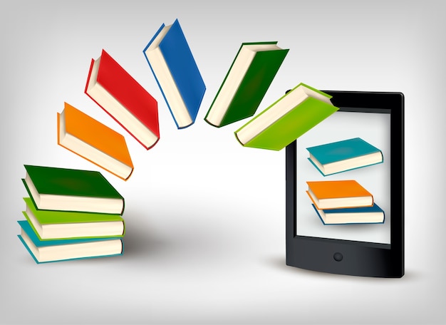 Libros volando en una tableta.