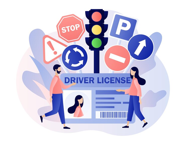 Vector licencia de conducir reglas de tránsito señales de tráfico educación y lección de manejo gente diminuta estudiando