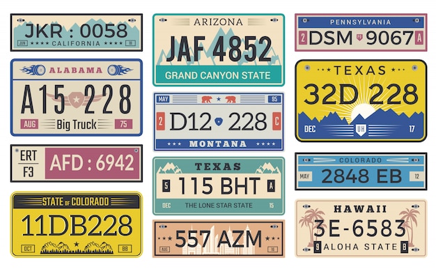 Licencia de matrícula de automóvil. Diseño de vector de plantilla de registro de coche de estado diferente de Utah EE. UU. O indiana