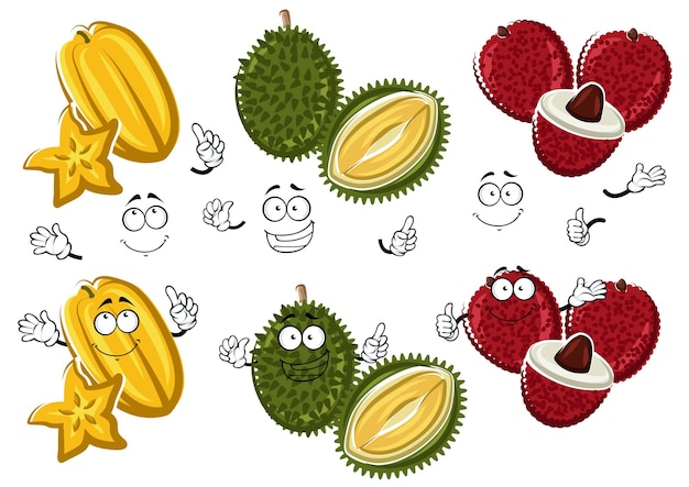 Lichis tailandeses de dibujos animados durian y carambola frutas