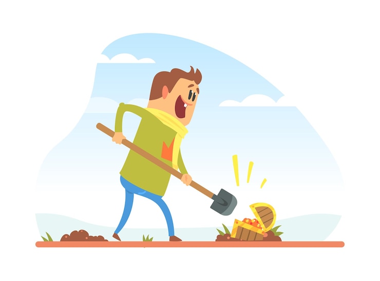 Vector licky man cazador de tesoros con pala excavando cofre del tesoro éxito financiero concepto ilustración vectorial de dibujos animados
