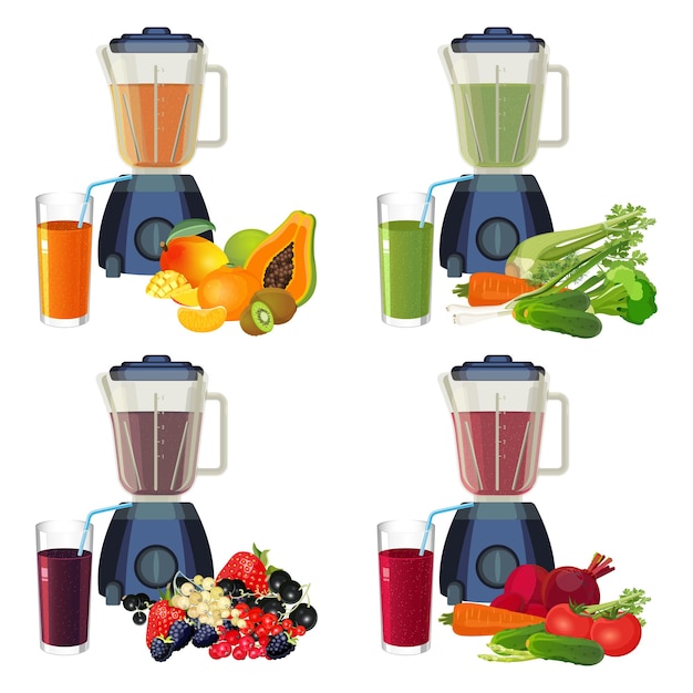 Licuadora y vaso de batido de frutas y verduras orgánicas