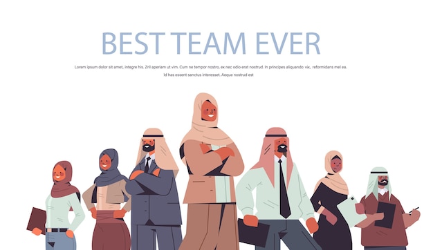 Líder de equipo de empresaria árabe de pie frente a la ilustración de espacio de copia de concepto de liderazgo de empresarios árabe