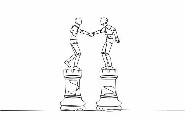 Líder de robot de dibujo de una sola línea estrechando la mano en el ajedrez de torre Estrategia de colaboración en la industria