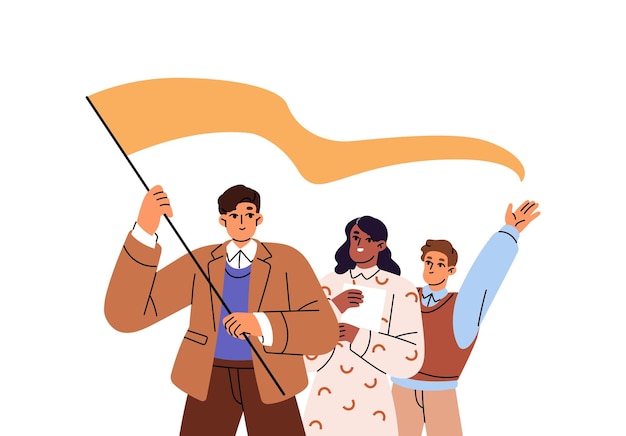 El líder sostiene la bandera en las manos conduce al equipo de negocios a ganar Los trabajadores de la oficina Los empleados se regocijan con el éxito corporativo El concepto de liderazgo y trabajo en equipo Ilustración de vector aislado plano sobre fondo blanco
