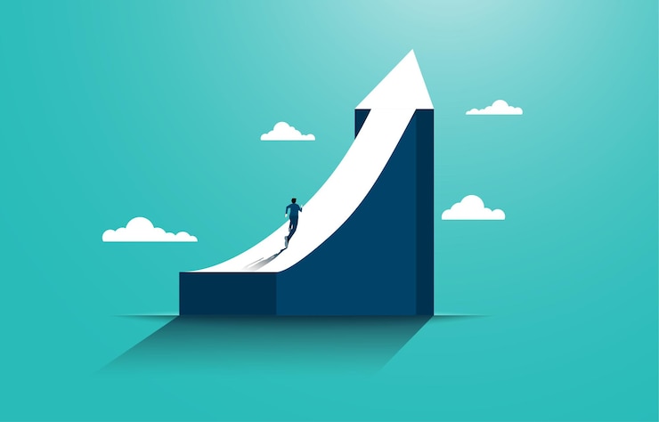 Vector liderazgo para alcanzar el éxito empresarial. hombre de negocios corriendo hacia la parte superior del gráfico. concepto de negocio de metas, éxito, ambición, logros y desafíos.