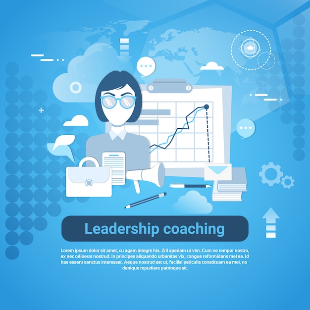 Liderazgo coaching web banner con espacio de copia sobre fondo azul