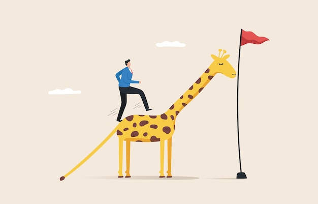 Liderazgo para lograr objetivos comerciales Diferentes métodos o innovaciones Éxito profesional o concepto de empresa Un joven o un hombre de negocios usa la longitud de una jirafa para agarrar la bandera de la victoria