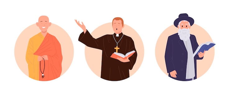 Vector líderes espirituales diferentes religiones personajes de dibujos animados planos aislados conjunto de composición redonda