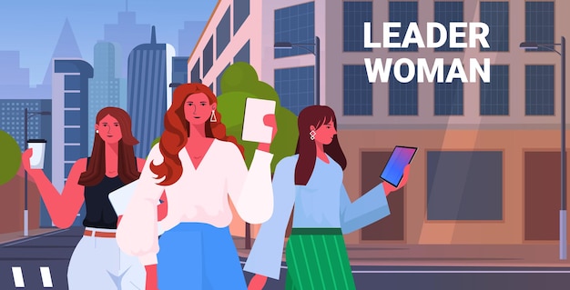 Líderes de mujeres empresarias en ropa formal caminando al aire libre exitosas mujeres de negocios concepto de liderazgo de equipo paisaje de fondo horizontal ilustración vectorial