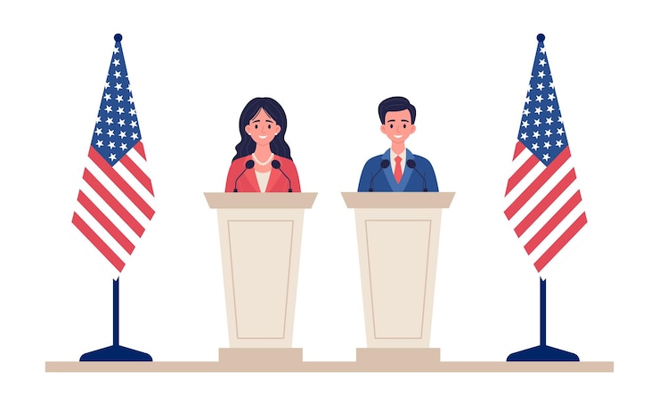 Vector líderes políticos masculinos y femeninos detrás del podio con banderas de los estados unidos ilustración vectorial