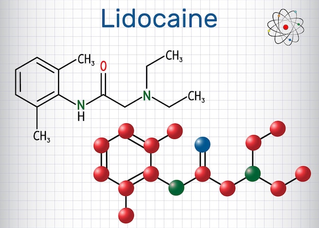 Lidocaína xilocaína molécula de lignocaína anestésico local modelo molecular de fórmula química estructural
