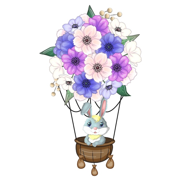 Vector la liebre de conejo de dibujos animados vuela en un globo hecho de flores lindo símbolo de personaje infantil del nuevo año chino 2023