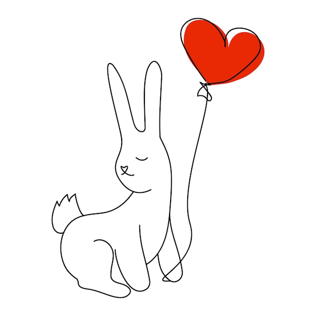 Liebre con globo rojo corazón Valentine Pets Doodle ilustración aislado sobre fondo blanco