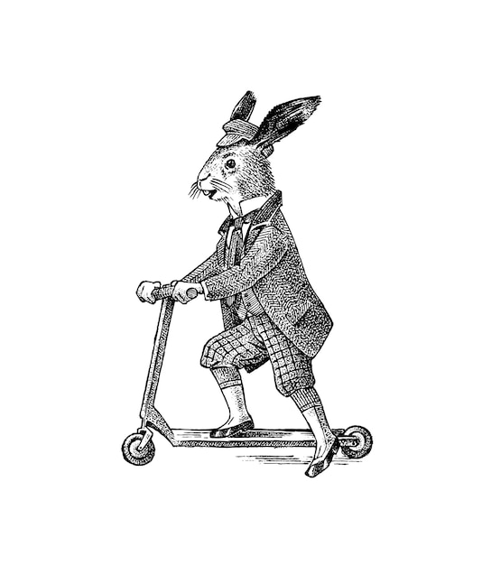 Liebre o conejo monta un scooter antiguo caballero con gorra y abrigo ropa retro antigua victoriana