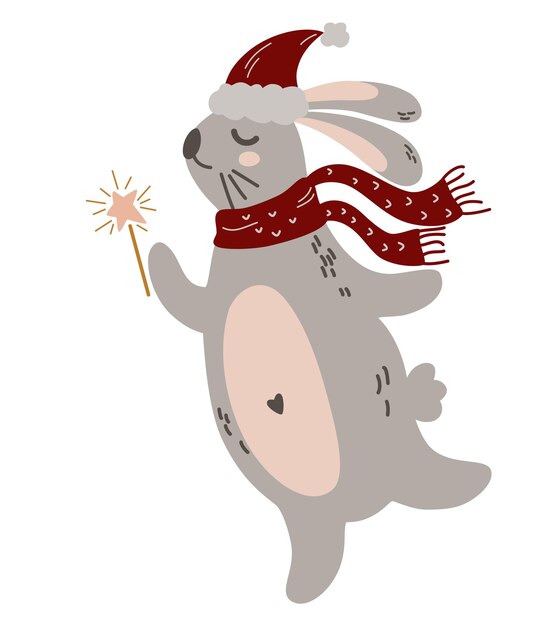 Liebre en ropa de año nuevo. sombrero y bufanda. lindo conejo de invierno en ropa acogedora. vacaciones de invierno, baby shower, cumpleaños, fiesta infantil. dibujar a mano ilustración vectorial.