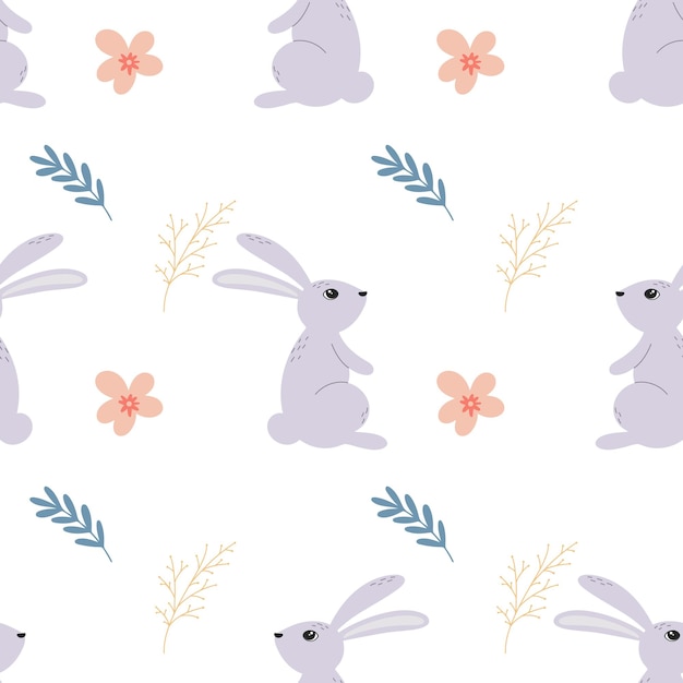 Liebres en flores y hierbas lindo fondo de bebé de patrones sin fisuras con conejitos en estampado de pradera
