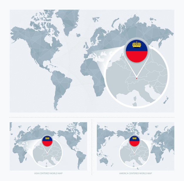 Vector liechtenstein ampliado sobre el mapa del mundo 3 versiones del mapa mundial con bandera y mapa de liechtenstein