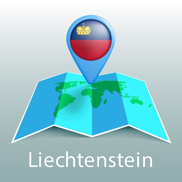 Liechtenstein mapa mundial de la bandera en el pin con el nombre del país sobre fondo gris