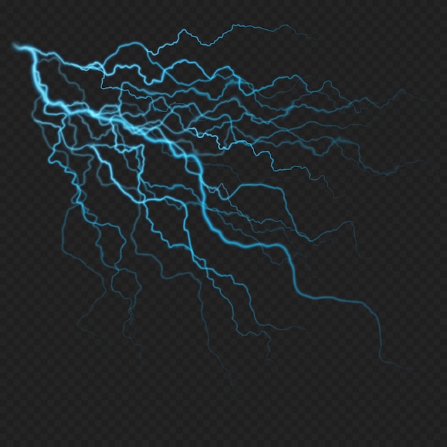 Lightning flash light efecto realista. trueno chispa sobre fondo transparente oscuro.