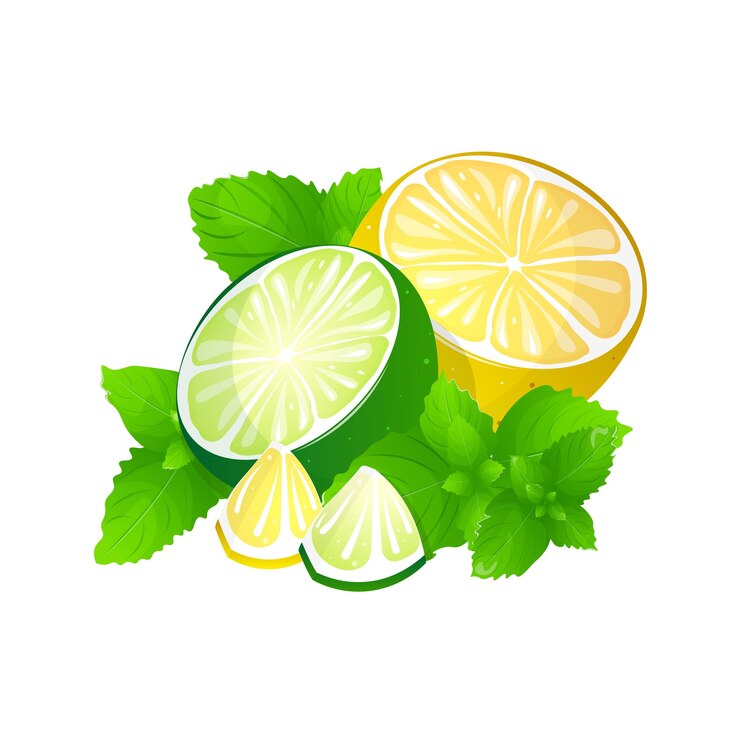 Vector lima fresca y limón con hojas y menta