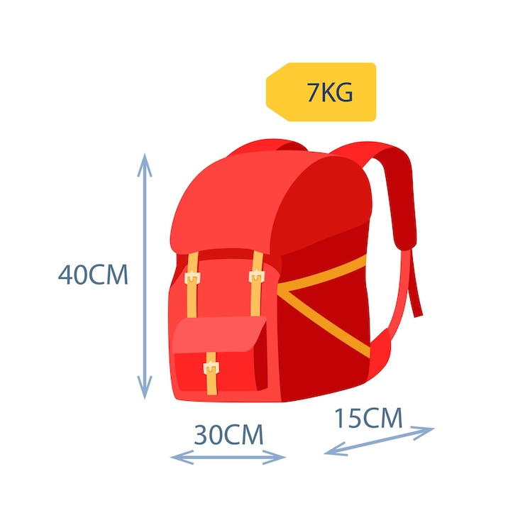 Vector limitación de equipaje mochila con etiqueta de peso con flechas dimensionales peso y tamaño