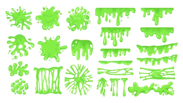 Limo de dibujos animados gotas pegajosas verdes y salpicaduras de gelatina tóxica desordenado goteo goo colorido mancha espeluznante vector aislado conjunto de salpicaduras y limos