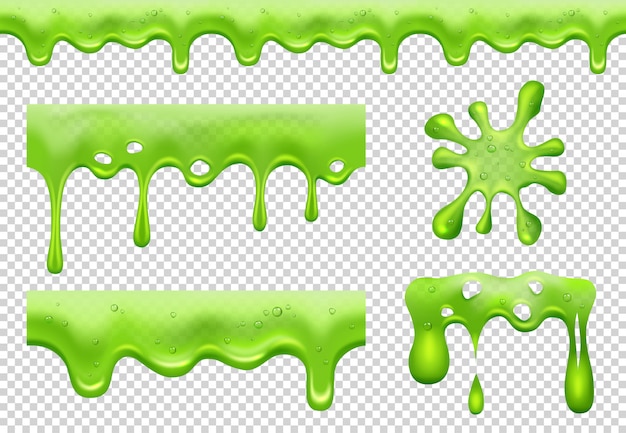 Vector limo. manchas y salpicaduras que fluyen tóxicas verdes salpicaduras de líquidos transparentes salpicaduras de colección realista viscosa