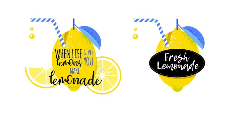 limón amarillo con una hoja azul y una pajita con rayas blancas y azules.