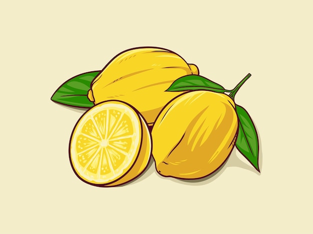 Limón dibujado a mano con hoja verde entera y en rodajas fruta fresca agria cáscara de limón amarillo brillante vect