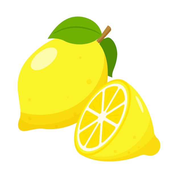 Limón entero con hojas, mitad y rodaja. Icono de cítricos. Diseño plano. Ilustración de color aislada sobre fondo blanco.