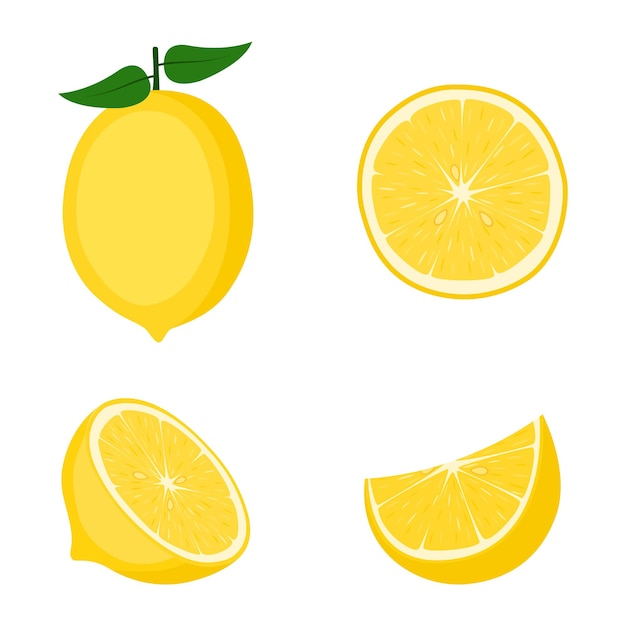 Limón, fruta entera, mitades y rodajas, ilustración vectorial