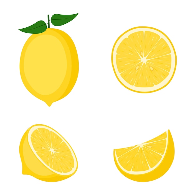 Limón, fruta entera, mitades y rodajas, ilustración vectorial