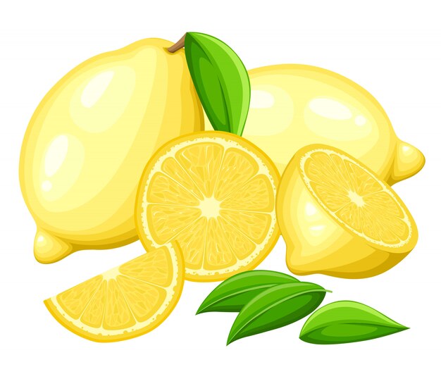 Limón con hojas enteras y rodajas de limones. Ilustración de limones. Ilustración para cartel decorativo, producto natural emblema, mercado de agricultores.