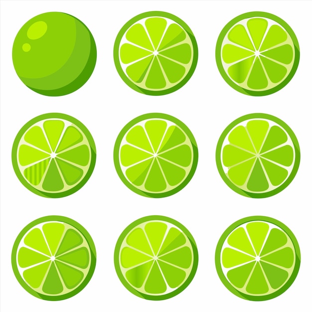 un limón y una lima se muestran en una línea de diferentes colores