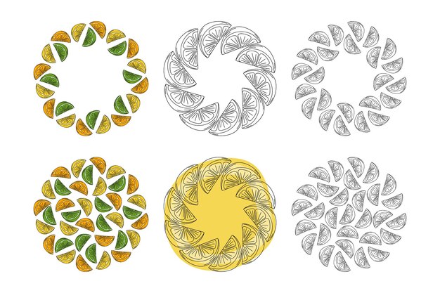Limón limón naranja rebanadas de cítricos contorno y cuadros de círculos coloridos copia espacio y fondos paquete
