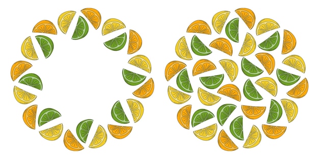 Limón limón rebanadas de naranja marco circular borde y fondo redondo plantilla copia espacio idea conjunto 2