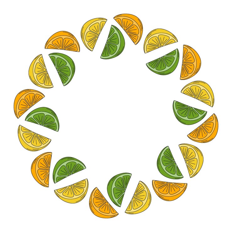 Vector limón y rebanadas de naranja borde de marco redondo en la plantilla decorativa de arte pop minimalista de moda