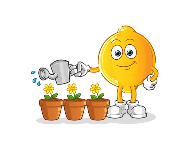 Limón regando la mascota de las flores. vector de dibujos animados