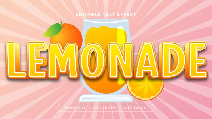 Vector limonada amarilla blanca y rosa estilo de fuente de efecto de texto editable en 3d